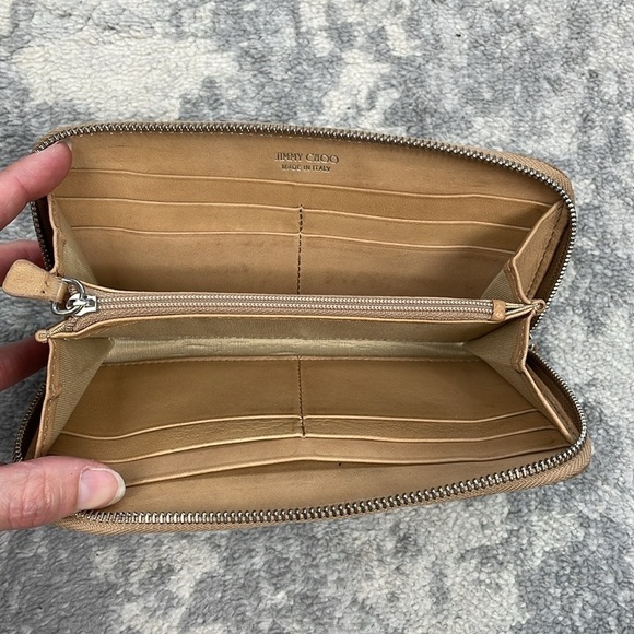 Jimmy Choo Filipa Zip Around Leather Star Studded Wallet Long Tan Silver - Picture 9 of 17